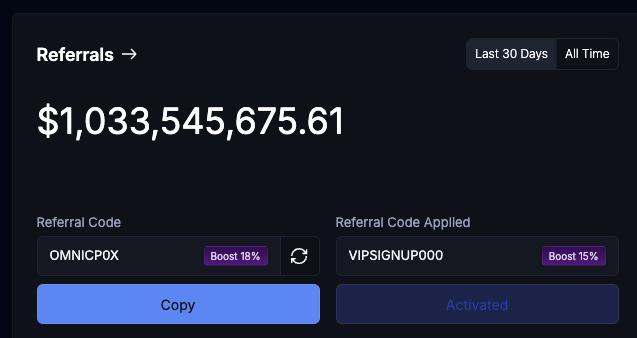 A referrals dashboard showing '$1,033,545,675.61' in earnings, a referral code 'OMNICPOX' with an 18% boost, and an applied code 'VIPSIGNUPOOO' with a 15% boost.