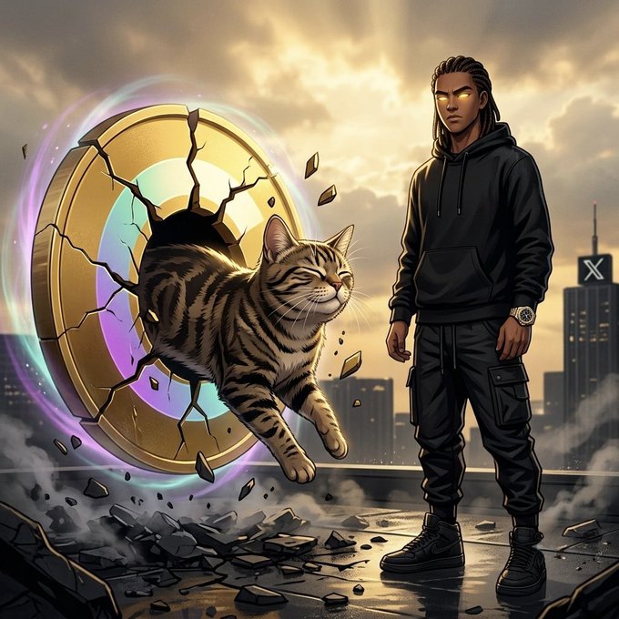 A young man with glowing golden eyes watches with a serene smile as a tabby cat steps through a cracked, glowing portal against a city skyline. The "X" logo visible on a distant building hints at the crypto hype referenced in the post, where a massive $15M bid for the $CATE token sent it soaring on Solana's Dexscreener.