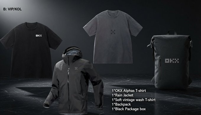 The image features an advertisement for a clothing line called "Lately, everyone must be taking losses as bad as I am—here, giving away two sets of the latest OKX merch Follow me @Alvinnn666 @okxchinese @Mercy_okx". The post is about a clothing brand that offers a free set of clothes for anyone who participates in a contest. The image shows four different outfits displayed on a black background with white text, including a black t-shirt and two gray jackets. A backpack can also be seen in the scene.