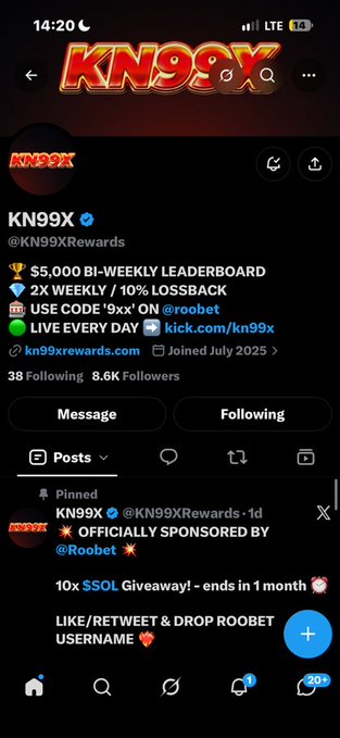 A Twitter/X profile for 'KN99X' (@KN99XRewards) showing a $5,000 bi-weekly leaderboard promotion with 10% lossback, sponsored by Roobet, with 38 following and 8.6K followers, pinned tweet announcing a 10x $SOL giveaway.