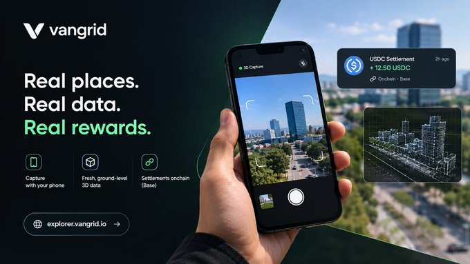 A VanGrid promotional graphic reads “Real places. Real data. Real rewards.” and shows a phone-based 3D capture app with “USDC Settlement +12.50 USDC.”
