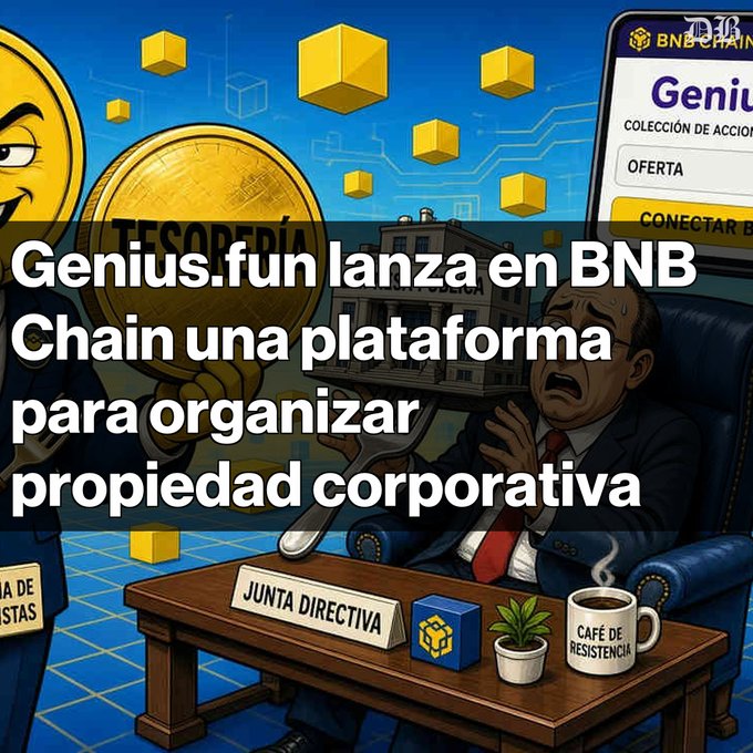 A Spanish-language news graphic titled 'Genius.fun lanza en BNB Chain una plataforma para organizar propiedad corporativa' shows a cryptocurrency mascot and an executive at a board meeting.