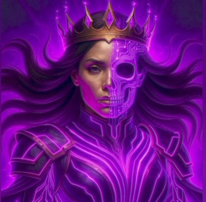 A digital illustration of a woman wearing a golden crown, with half her face and body in human form and the other half appearing as a glowing purple skeletal cyborg.