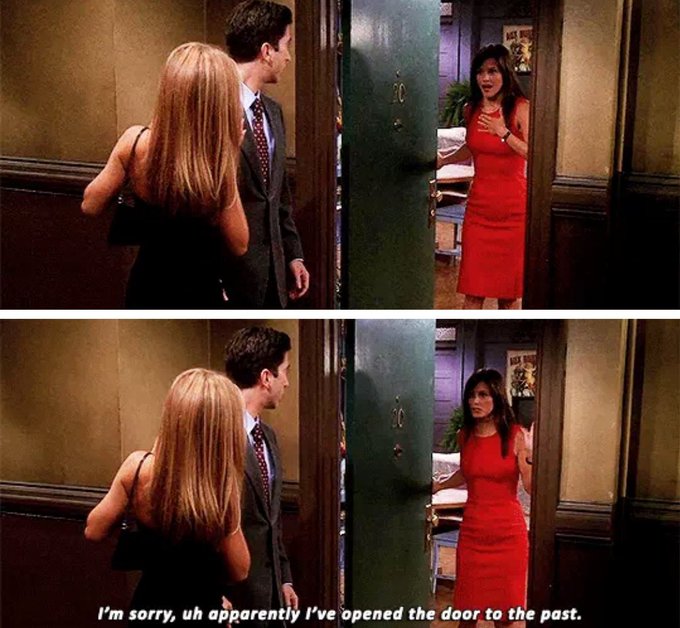 The image shows a man wearing a suit and tie standing next to a woman dressed in a red dress, both looking at each other with expressions of surprise or shock. The text "I'm sorry, uh apparently I've opened the door to the past" is written above them, indicating that they are discussing an event from the past involving a door.