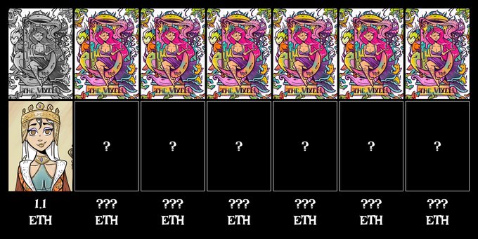 A tarot card NFT collection page showing 'THE VIVID' and 'I. THE ETH' cards with question marks indicating unrevealed cards and pricing in ETH.