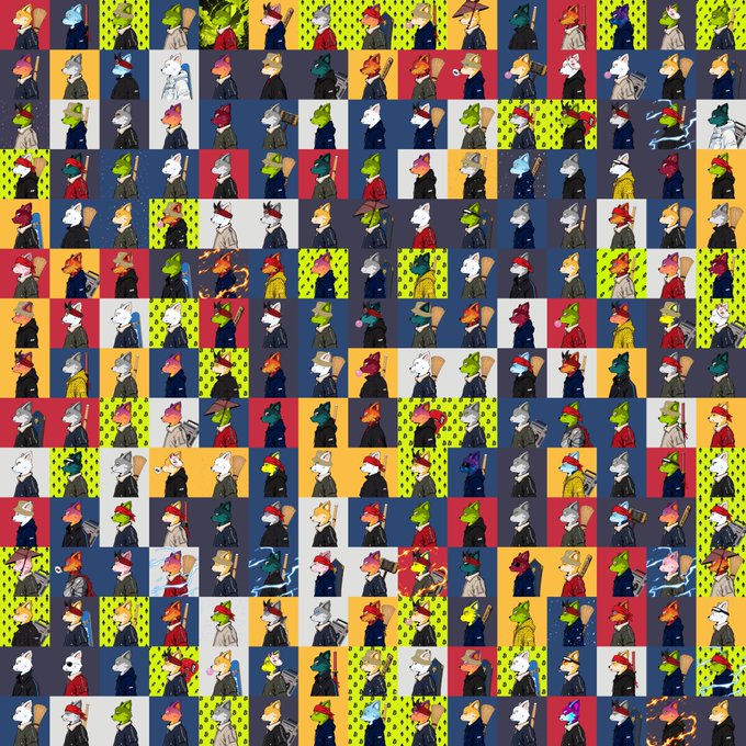 A colorful collage grid featuring numerous small squares of anthropomorphic animal characters in suits against bright backgrounds.