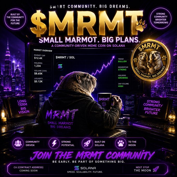 Promotional graphic for $MRMT, a community-driven meme coin on Solana featuring a marmot in a hoodie at a trading desk, with text including 'SMART COMMUNITY. BIG DREAMS.', 'SMALL MARMOT. BIG PLANS.', and 'TO THE MOON'.