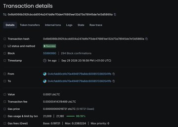 The image shows a "Transaction details" page for an x402 payment on the LiteForge testnet, confirming a successful transaction of 0.001 L3LTC (approximately $0.00) processed with 21,190 gas used and a max priority fee of 0, aligning with the post about building a facilitator for x402 agentic payments using LitecoinVM.