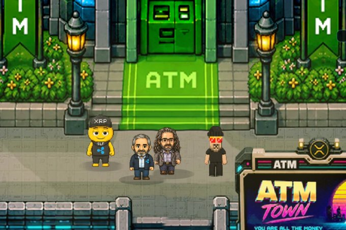 A pixel-art scene from the game "ATM TOWN" showing four cartoon characters standing in front of a building marked "ATM," with one character labeled "XRP" and another "SLF," alongside an ATM machine with an XRP logo.