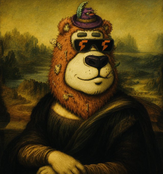 A parody of the Mona Lisa featuring a bear wearing lightning-bolt sunglasses, a feathered hat, and a green leaf in its mouth, rendered in classical Renaissance painting style.