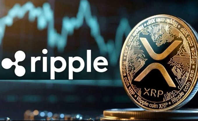A promotional image for Ripple cryptocurrency showing the XRP logo and a physical XRP coin against a background of stock market charts.