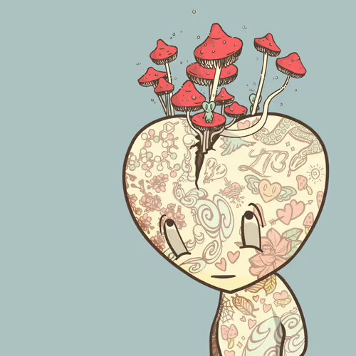 An illustration of a cute character with a large heart-shaped head filled with decorative patterns, from which red mushrooms with long white stems are growing.