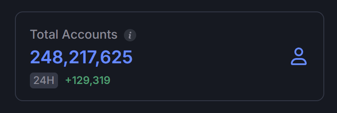 A dark dashboard widget displays a Total Accounts count of 248,217,625, with a 24-hour increase of +129,319 shown in green.