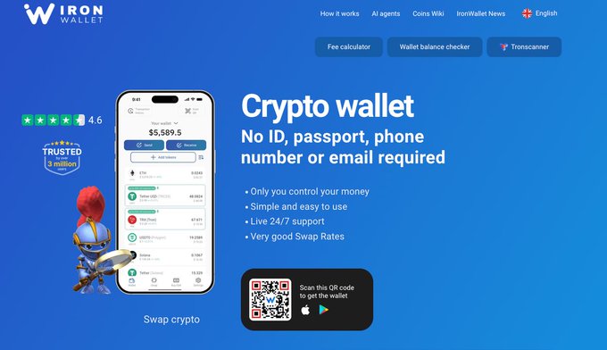 A promotional screenshot of IronWallet's homepage featuring the tagline "Crypto wallet - No ID, passport, phone number or email required" alongside a $5,589.5 wallet interface, illustrating the exact gas-token frustration described in the post by promoting a "Swap crypto" feature to solve the problem of needing native tokens for transaction fees.
