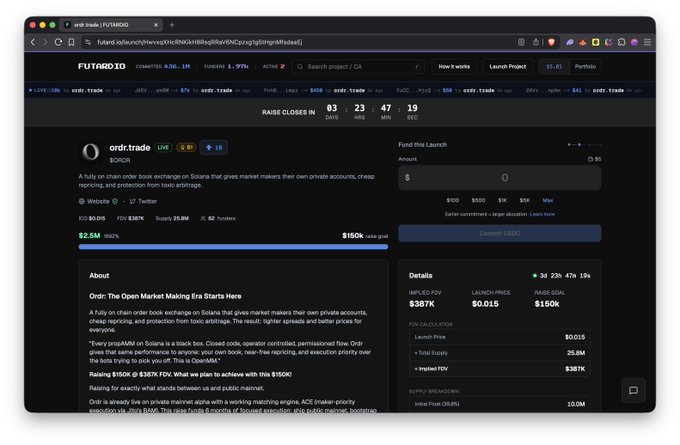 A desktop screenshot of a launchpad page on futard.io for a project named 'ordr.trade' ($ORDR) on Solana, showing funding details and a 'Raise closes in' countdown.