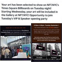Promotional image announcing an NFT.NYC Gallery event at NFT NYC in Times Square on September 1, featuring 'The Artist's' Character Book. The text invites participation in a Speaker opening party and displays screenshots from The Green Mint and The Boost NFT collections.