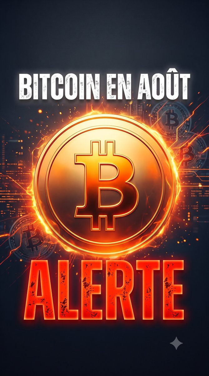 A glowing Bitcoin logo blazes in fiery orange tones against a dark digital background, framed by the bold French text "BITCOIN EN AOÛT" above and "ALERTE" (Alert) below—reinforcing the post's warning about significant Bitcoin developments in August that could impact everyone.