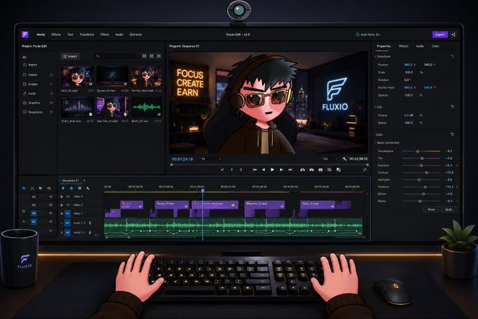 A screenshot of the FLUXiO video editing software interface showing a cartoon character with sunglasses and headphones, with hands on a keyboard and mouse in the foreground.