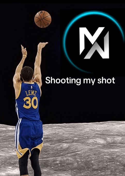 Stephen Curry in his Golden State Warriors #30 jersey shooting a basketball on a lunar surface, paired with a Monero (XMR) crypto logo and the text 'Shooting my shot.'