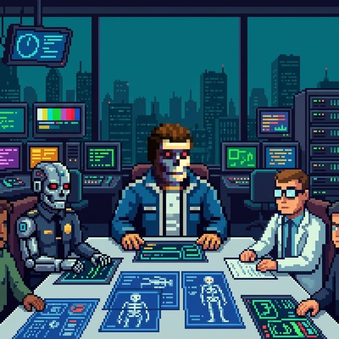 A pixel art scene shows a bearded man at a desk surrounded by monitors, alongside a cyborg figure and another man, with blueprints of skeletons and robots on the table.