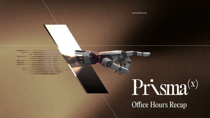 A sleek robotic hand emerges from a glowing portal against a warm, dark background, featuring the text "Prisma(x)" and "Office Hours Recap" along with "www.prismax.com." The futuristic imagery visually reinforces the post's celebration of PrismaX's one-year anniversary milestone and its transition into a new phase for Validators and Teleoperators.