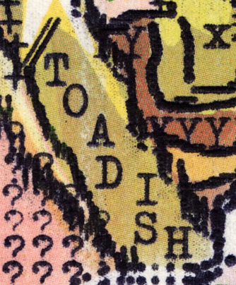A close-up of an abstract, mixed-media artwork featuring textured patterns, question marks, and the letters 'T', 'O', 'A', 'D', 'I', 'S', 'H' arranged vertically.