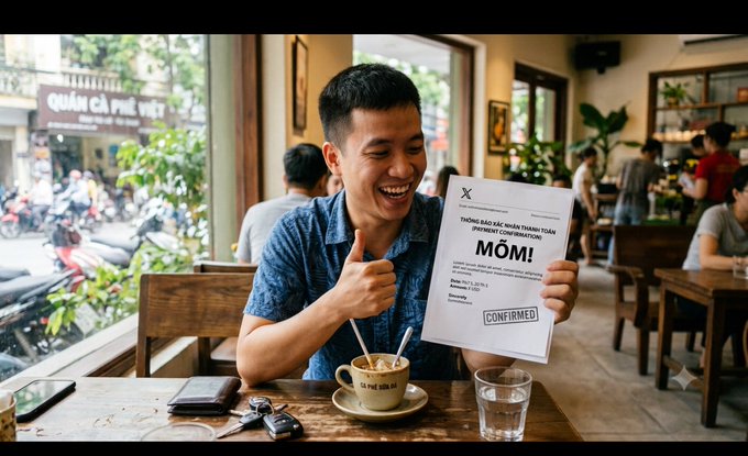 A young man in a blue shirt sits in a café, giving a thumbs-up and smiling excitedly as he holds up a document labeled "MỚM!" with "CONFIRMED" stamped on it, alongside a cup of coffee on the table. The image humorously illustrates the post's playful question about whether anyone has been "mõm" (teased/deceived) by Pay X, with his cheerful reaction suggesting he's sharing in the fun banter.