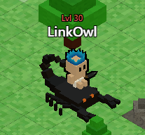 A player named "LinkOwl" at level 30 rides a black dragon mount in an isometric pixel-art game, representing their progress in Kintara after receiving an early Whip drop before earning any Gold.