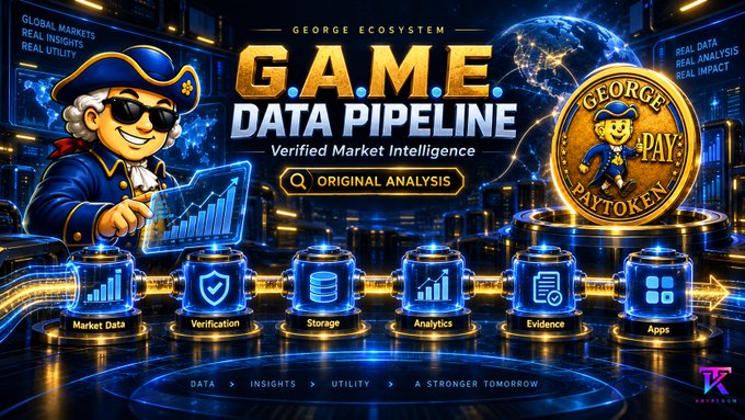 A promotional graphic for 'GEORGE PAYTOKEN — GAME DATA PIPELINE — Verified Market Intelligence' features a cartoon captain character, a glowing pipeline diagram with stages 'Market Data, Verification, Storage, Analytics, Evidence, Apps', and a gold coin emblem.