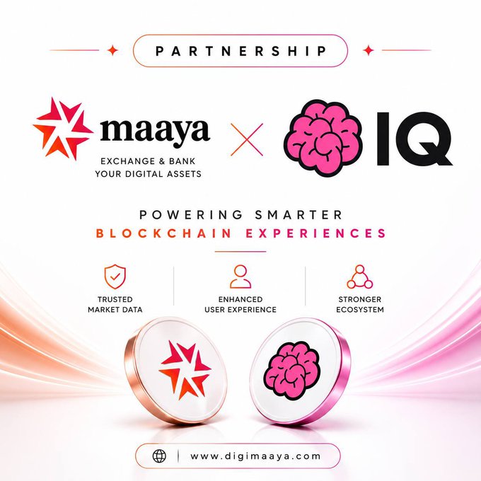 A partnership announcement graphic between DigiMaaya and IQ, featuring both logos with the tagline "Powering Smarter Blockchain Experiences" and key benefits: Trusted Market Data, Enhanced User Experience, and Stronger Ecosystem, along with the website www.digimaaya.com.