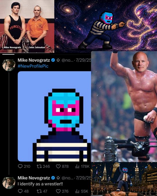 Collage featuring wrestler Mike Novogratz with his Twitter posts, including '#NewProfilePic' of a pixelated wrestler, alongside images of him in a black and white striped shirt, as a wrestler, and in an orange polo with John Johnston.