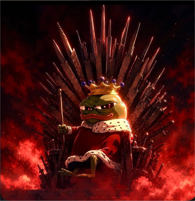 The image depicts Pepe the Frog styled as a regal king, sitting on a throne made of swords (referencing Game of Thrones' Iron Throne) and wearing a crown and ermine-trimmed robe with a Bitcoin logo, set against a dramatic red, fiery background. It appears to be a meme combining crypto/Pepe culture with the question about "$CASHCAT" and "$BnB" tokens, likely portraying the meme coin as royalty or a dominant force in the crypto space.