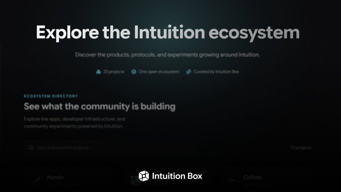 A dark webpage titled 'Explore the Intuition ecosystem' with text about discovering products, protocols, and experiments, branded with 'Intuition Box'.