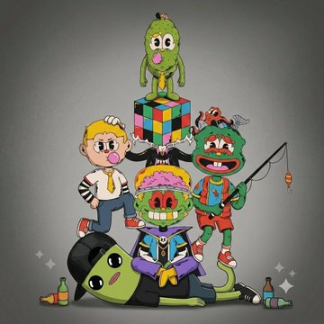 A colorful cartoon illustration featuring multiple stylized zombie-like characters including a clown with a mustache, a boy with a pacifier, a green zombie on a Rubik's cube, a fisherman zombie, a brain-eating zombie, and others surrounded by bottles and trash.