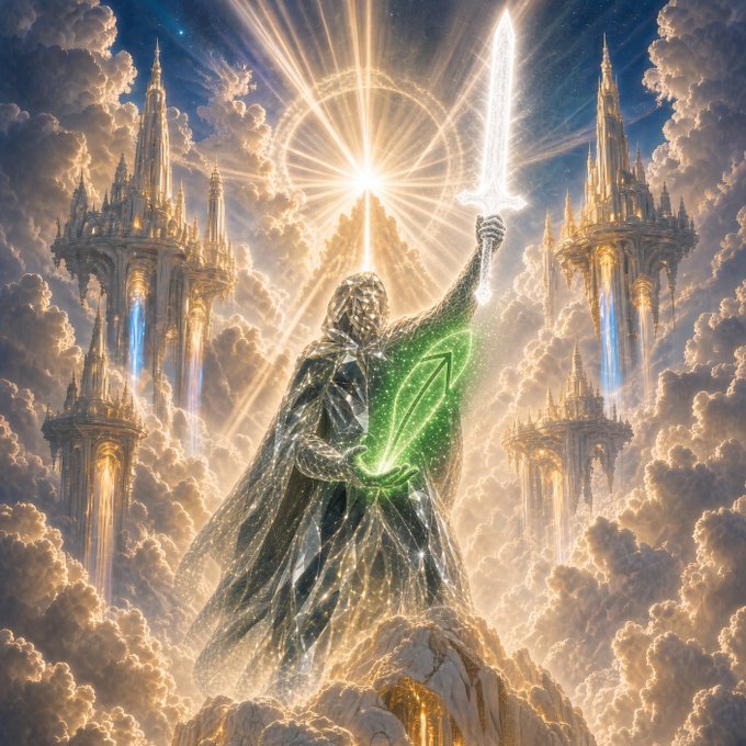 A majestic crystalline figure in a hooded cloak raises a glowing sword toward a radiant star, surrounded by golden spires and swirling clouds in a fantasy sky.