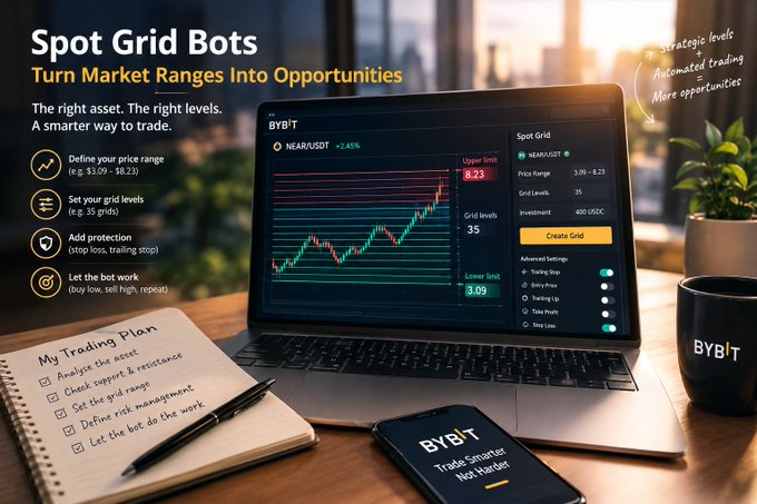 A promotional graphic for Bybit's 'Spot Grid Bots' automated trading feature, showing a laptop displaying the trading interface alongside a notebook listing trading plan steps.