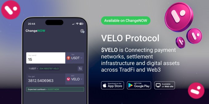 The image features a cellphone showing off a screen that displays an application called "VELO Protocol". The app shows an interface that allows users to send and receive payments using cryptocurrency, specifically USDC tokens or Bitcoin. The text in the image highlights the use of cryptocurrency for payment transactions, while also emphasizing the app's ability to bridge between traditional settlement infrastructure and digital assets like tradfi and web3.