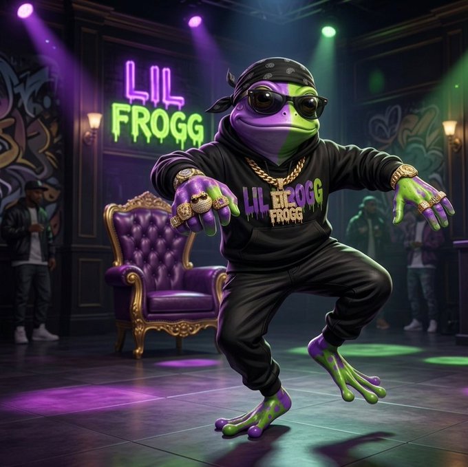 A 3D-rendered anthropomorphic purple and green frog character wearing sunglasses, a bandana, gold chains, and a 'LIL FROGG' hoodie, posing in a neon-lit urban setting with a purple throne.