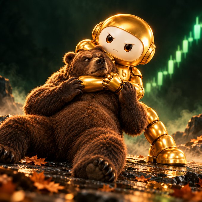 A golden robot with a determined expression hugs a grumpy brown bear on a forest floor scattered with autumn leaves, while a green rising candlestick chart glows in the background, playfully illustrating the post's "Brewbot" character confronting bearish market skeptics during "Uptober."