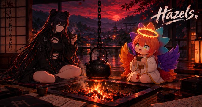 Anime-style artwork titled 'Hazels' depicting two characters—one with long black hair and one with orange hair and wings—sitting by a fire with a teapot against a red sunset backdrop.