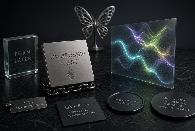 The image displays a conceptual still life featuring a central metal plaque reading "OWNERSHIP FIRST" with an Ethereum logo, surrounded by labeled objects including a glass cube marked "FORM LATER," a holographic wave pattern display, a butterfly figurine, and small tokens labeled "QFT/QUANTUM FOLDED TOKEN," "QVRF — seeded on real quantum hardware," and two plates reading "The image is merely an echo layer" and "What you hold need not be fully realized at the moment you acquire it." This visually reinforces the post's message about Quantum Echoes' reversed NFT sequence, where ownership is established at minting before any visual form is generated, with the holographic wave representing the latent artwork that materializes only after the QVRF quantum seed is triggered.
