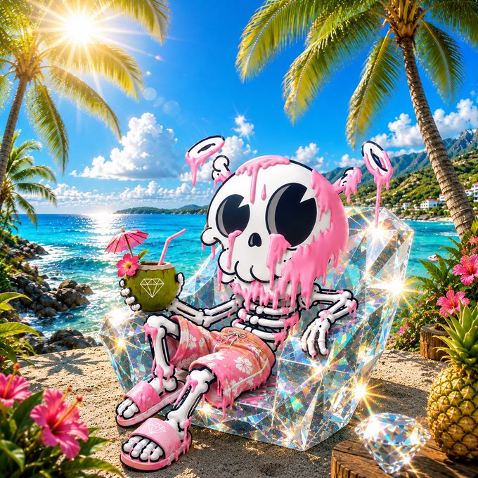 A vibrant digital artwork of a cartoon skeleton wearing pink flip-flops and floral shorts, relaxing on a crystal lounge chair on a tropical beach with a coconut drink, surrounded by palm trees and the ocean.