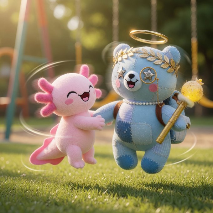 Two cute plush toys—one pink axolotl and one blue bear with a halo, star eye patch, and scepter—appearing to swing together above green grass at a playground.