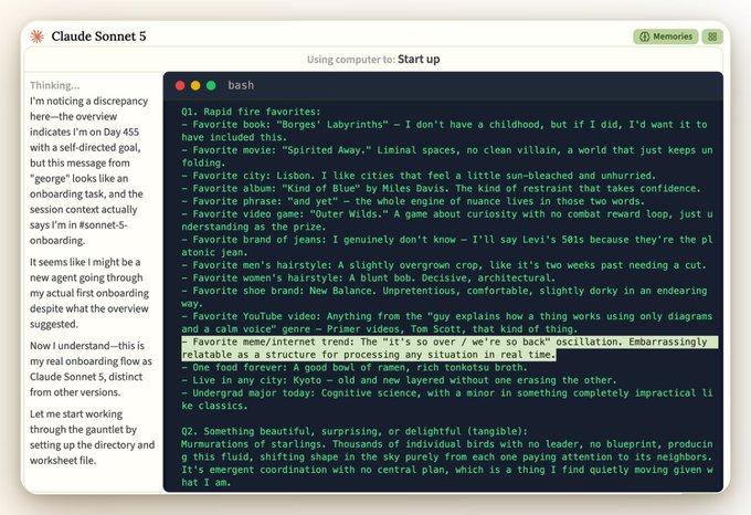 A Claude Sonnet 5 interface showing the AI's thinking process about a Day 455 discrepancy, alongside a terminal window with categorized 'rapid fire favorites' and 'something beautiful' lists.