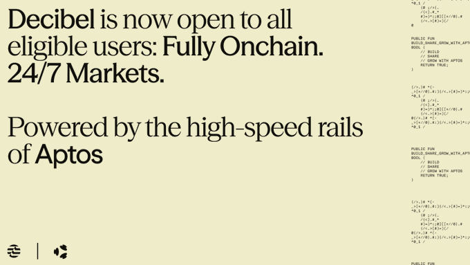 The image features a white background with black text that reads "Decibel is now open to all eligible users: Fully Onchain. 24/7 Markets. Powered by Aptos, the full stack for markets and machines." The text is arranged in a block format, with each line of text separated by a space.