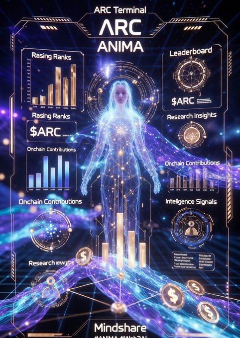 The image features a woman's body with various data points displayed throughout her form. The data points include information about the woman, such as her age, height, weight, and other statistics related to her physical attributes. These data points are connected by lines, creating a visual representation of the woman's life story or journey.

The image also includes text that reads "Most leaderboards reward activity. @TheARCTERMINAL Mindshare rewards actual intelligence. It measures meaningful contributions: depth of research, quality of insights, and value provided to the ecosystem all tracked onchain." This suggests that the woman is being recognized for her achievements or contributions in a particular field, possibly related to technology or data analysis.