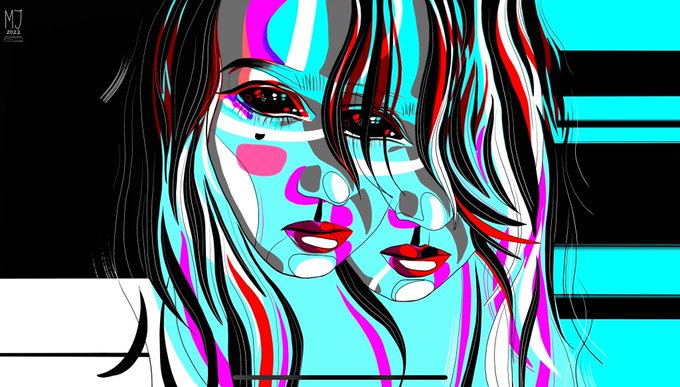 A glitch-art digital illustration of a woman's face in vibrant cyan, magenta, and black tones, with striking red eyes and distorted features creating a chromatic aberration effect.