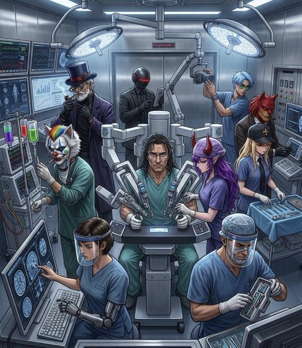 The image depicts a group of people wearing surgical scrubs, including a man sitting at a desk with a computer monitor, surrounded by other surgeons performing surgeries. The scene also includes various medical equipment such as monitors, keyboards, and mice. The overall atmosphere suggests that these individuals are working together in an operating room or a similar medical setting to save the market during challenging times.