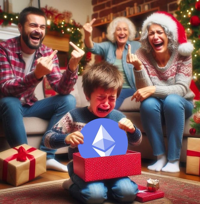 An AI-generated Christmas scene shows a crying boy opening a gift with an Ethereum logo inside, while family members in the background make inappropriate gestures and laugh.