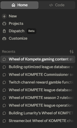 A dark-mode sidebar navigation menu showing 'Home' and 'Code' tabs with options for New, Projects, Dispatch (Beta), and Customize, along with a list of recent files related to 'Wheel of KOMPETE' content.